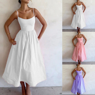 Trendsi solid color summer maxi dress in white pink and lavender with spaghetti straps and flowy skirt