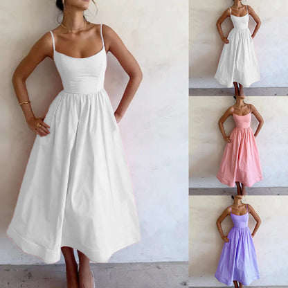 Trendsi solid color summer maxi dress in white pink and lavender with spaghetti straps and flowy skirt