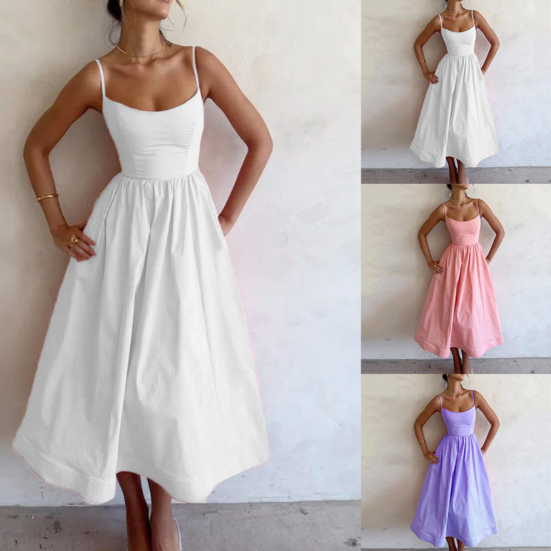 Trendsi solid color summer maxi dress in white pink and lavender with spaghetti straps and flowy skirt