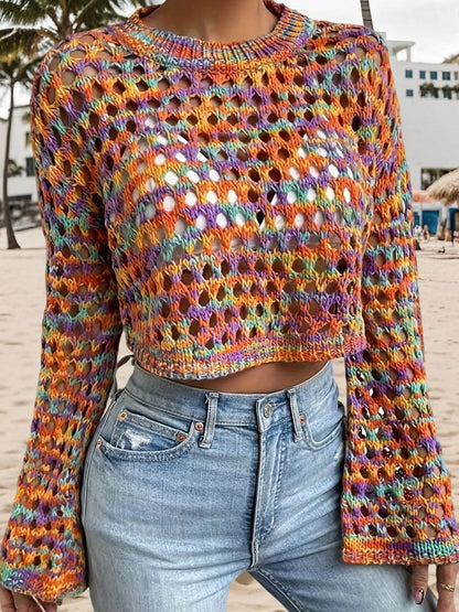 Hollow Out Cropped Sweater multicolor open knit with long bell sleeves worn with high rise jeans