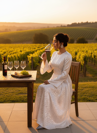 Sophisticated vineyard wine tasting with leopard lace-up maxi dress