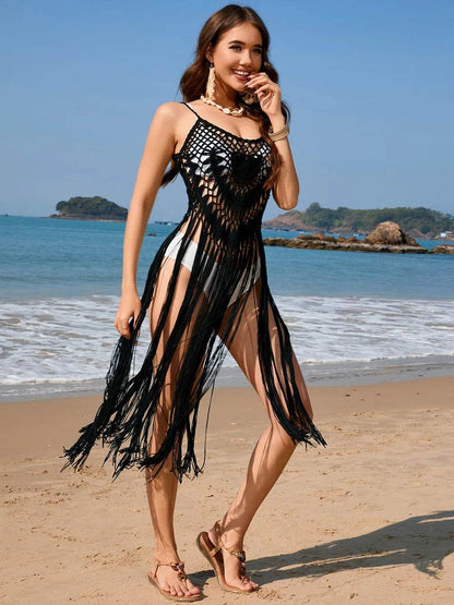 Trendsi Spaghetti Strap Cover-Up in Black with Fringe Detail, Perfect for Beach Days