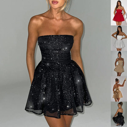 Sparkle Strapless Mini Dress in Black with a Flared Skirt for Glamorous Evening Looks