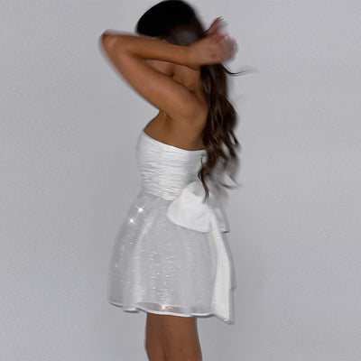 Elegant Sparkle Strapless Mini Dress in White with a Sweet Bow Tie Detail