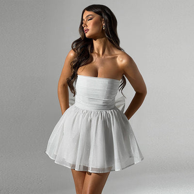 Elegant Sparkle Strapless Mini Dress in white with a flared skirt, perfect for special occasions