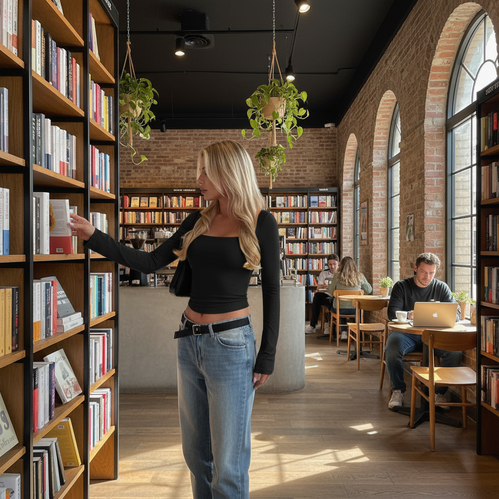 Square Neck Long Sleeve Crop Top - Black - Bookstore Cafe