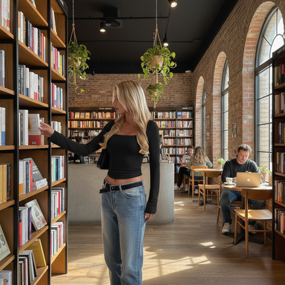 Square Neck Long Sleeve Crop Top - Black - Bookstore Cafe