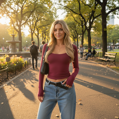 Square Neck Long Sleeve Crop Top - Burgundy - City Park
