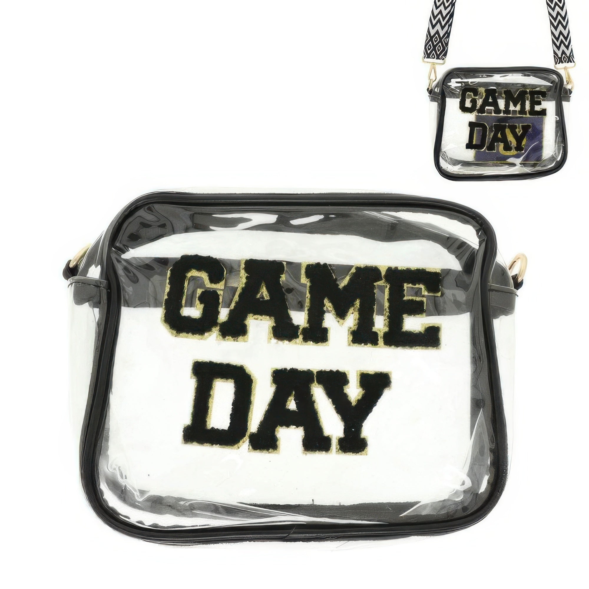 CCWHOLESALECLOTHING clear crossbody bag with black trim and GAME DAY patch and chevron strap game day clear crossbody bag