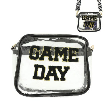 CCWHOLESALECLOTHING clear crossbody bag with black trim and GAME DAY patch and chevron strap game day clear crossbody bag