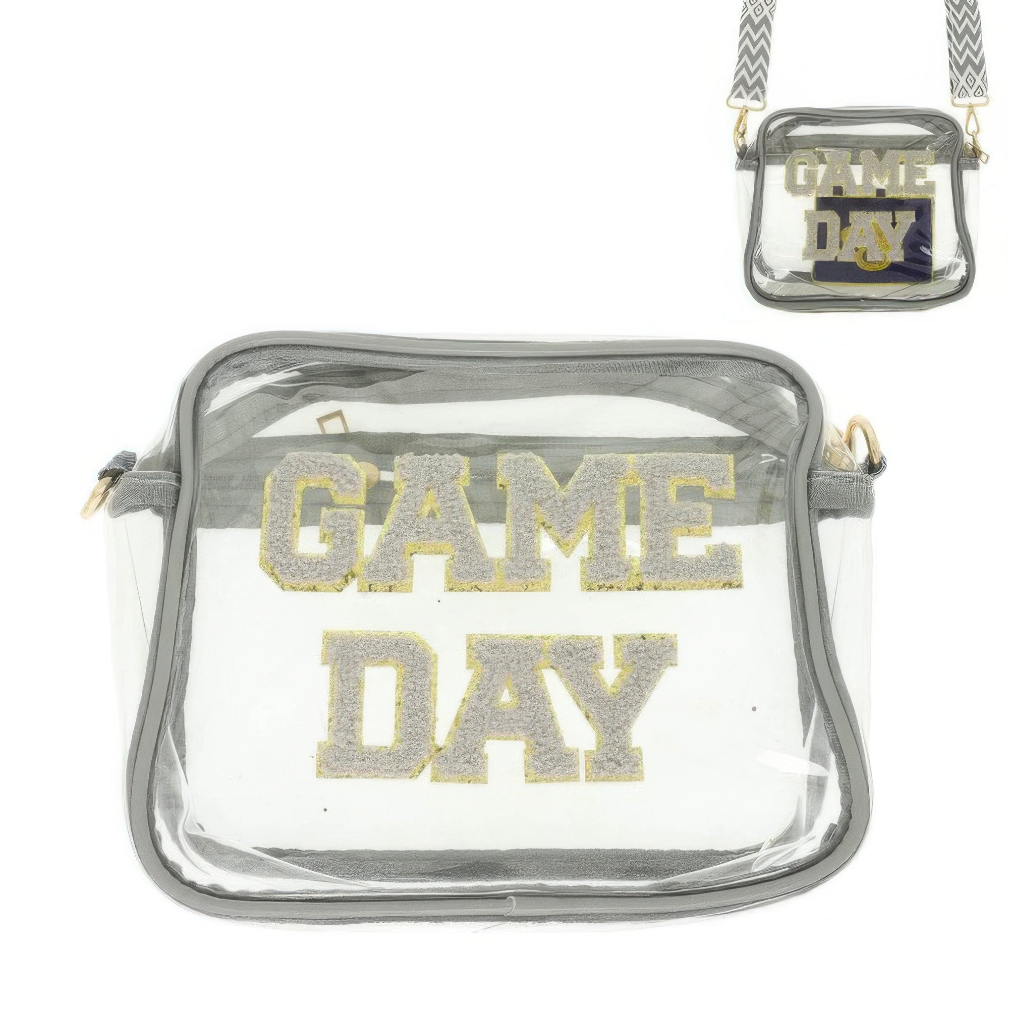 Gray trimmed clear vinyl game day clear crossbody bag with gold glitter letters and adjustable strap