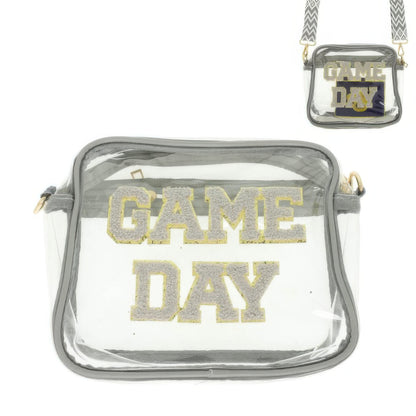 Gray trimmed clear vinyl game day clear crossbody bag with gold glitter letters and adjustable strap