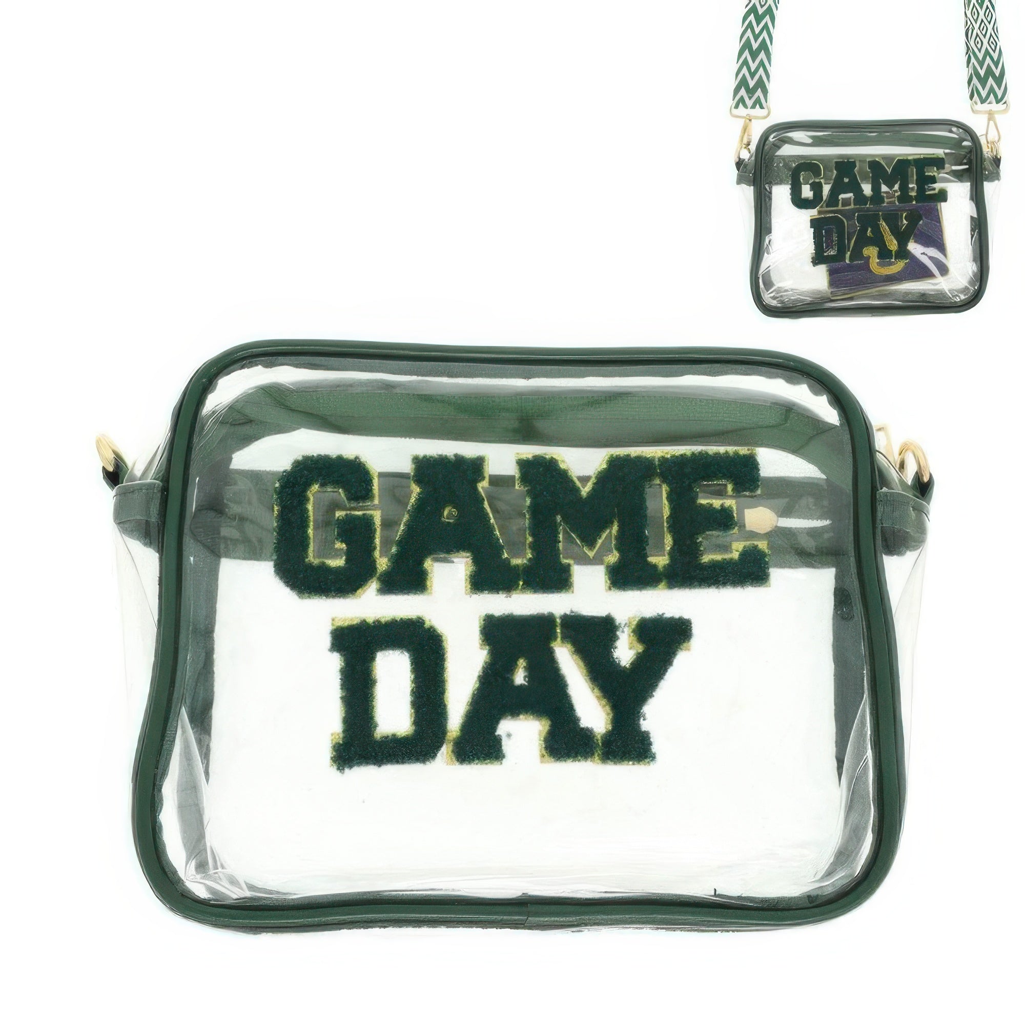 game day clear crossbody bag with green trim and fuzzy varsity letters transparent PVC adjustable strap