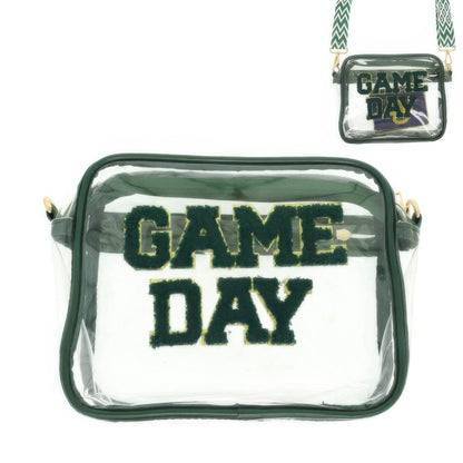 game day clear crossbody bag with green trim and fuzzy varsity letters transparent PVC adjustable strap