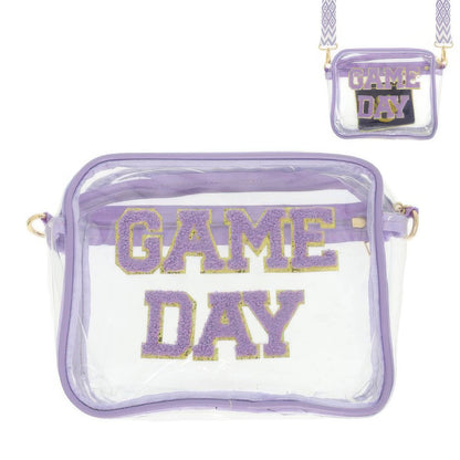 CCWHOLESALECLOTHING purple trimmed game day clear crossbody bag with chenille GAME DAY letters and chevron strap