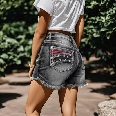 Trendsi distressed gray denim patriotic American flag shorts with frayed hem and back pocket flag detail