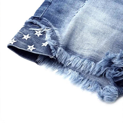 Trendsi light wash distressed denim patriotic American flag shorts with frayed hem and white star detail