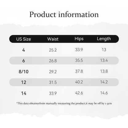 Trendsi size chart for patriotic American flag shorts showing US sizes 4 to 14 with waist hips and length measurements