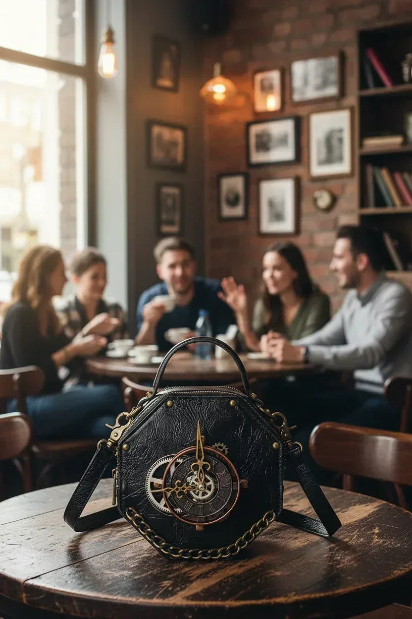 Steampunk clockwork crossbody bag on vintage table with people in background