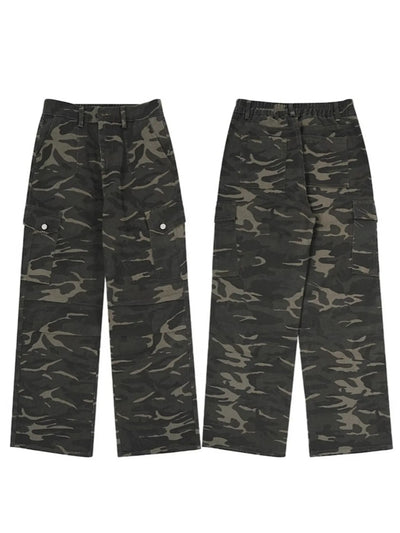 Trendsi men's camouflage cargo pants flat lay front and back view with utility pockets and relaxed fit