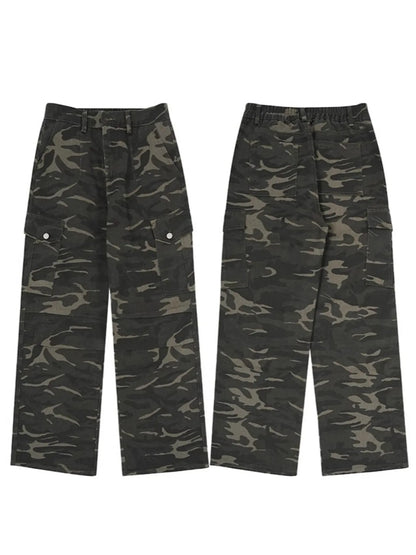 Trendsi men's camouflage cargo pants flat lay front and back view with utility pockets and relaxed fit