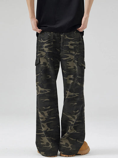 Trendsi men's camouflage cargo pants wide leg relaxed fit with side flap pockets shown on model