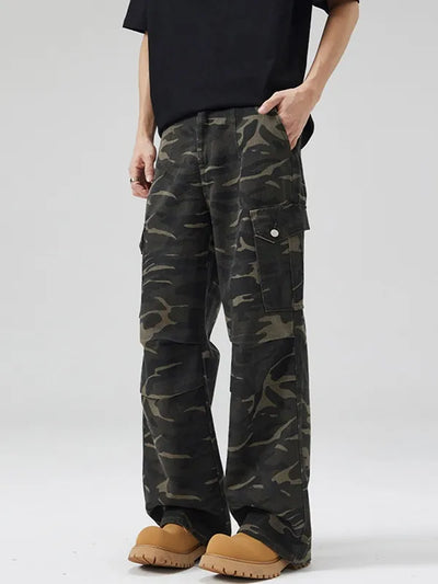 Trendsi men's camouflage cargo pants relaxed fit with multiple pockets styled with black tee