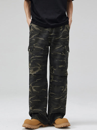 Trendsi men's camouflage cargo pants relaxed straight leg with flap pockets worn with black tee and tan boots