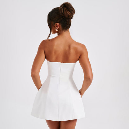 Elegant strapless A-Line mini dress in white featuring a fitted bodice and flared skirt
