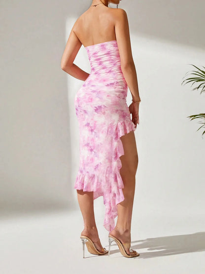 Trendsi Strapless Ruffle Midi Dress in pink with a stylish high-low hem and fitted silhouette