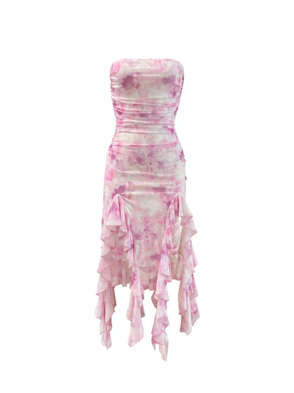 Trendsi Strapless Ruffle Midi Dress in pink and white with a stylish ruffled hemline