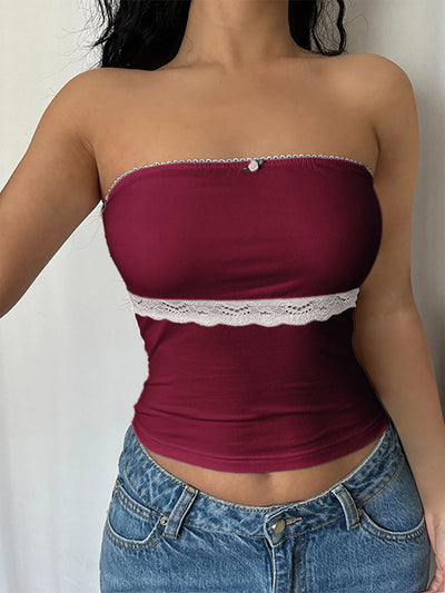 Trendsi Strapless Tube Top in burgundy with lace trim, perfect for stylish summer outfits