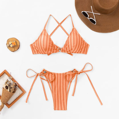 Striped Triangle Bikini Set in Orange with Crisscross Straps and Adjustable Ties for a Stylish Summer Look