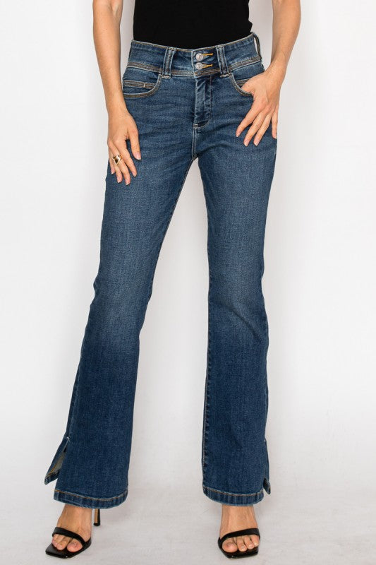 Artemis Vintage dark wash High Rise Bootcut Jeans with double button waist and hem slits