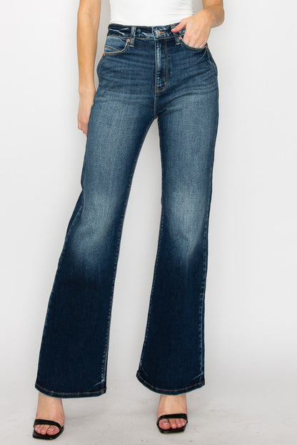 Artemis Vintage High Rise Holly Flare Jeans dark wash high waisted flared denim on model