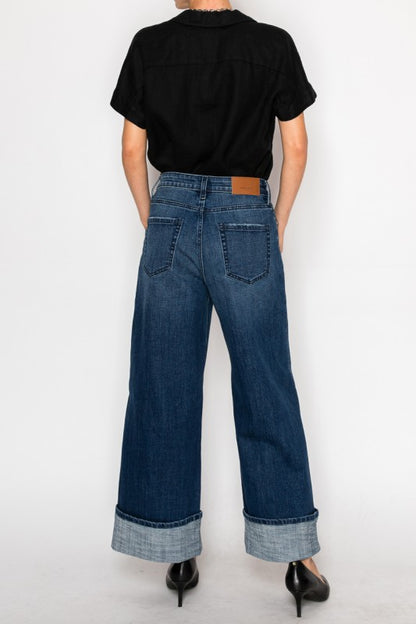 Artemis Vintage high rise wide leg jeans for women dark wash cuffed hem back view