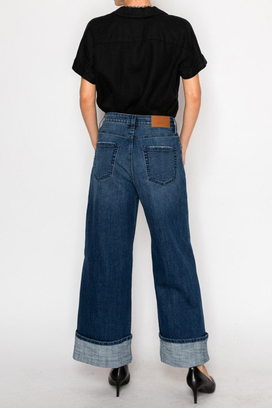 Artemis Vintage high rise wide leg jeans for women dark wash cuffed hem back view