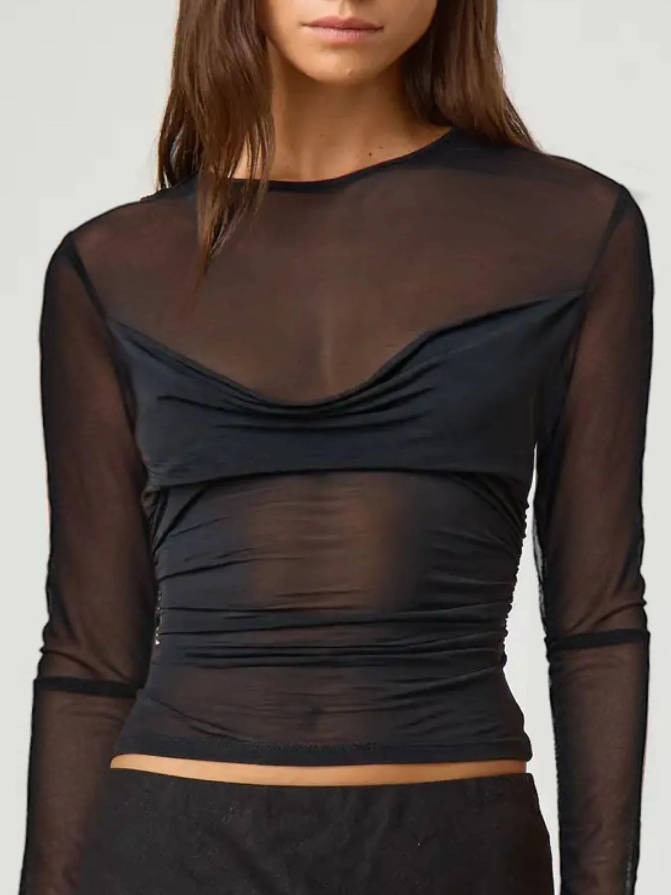 Trendsi black sheer mesh Long Sleeve Layering Blouse with crew neck cropped fit and ruched sides