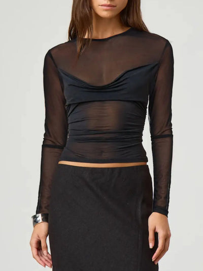 Trendsi black sheer mesh Long Sleeve Layering Blouse with draped bandeau ruched waist and cropped fit