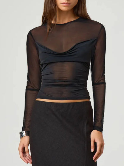 Trendsi black sheer mesh Long Sleeve Layering Blouse with draped bandeau ruched waist and cropped fit