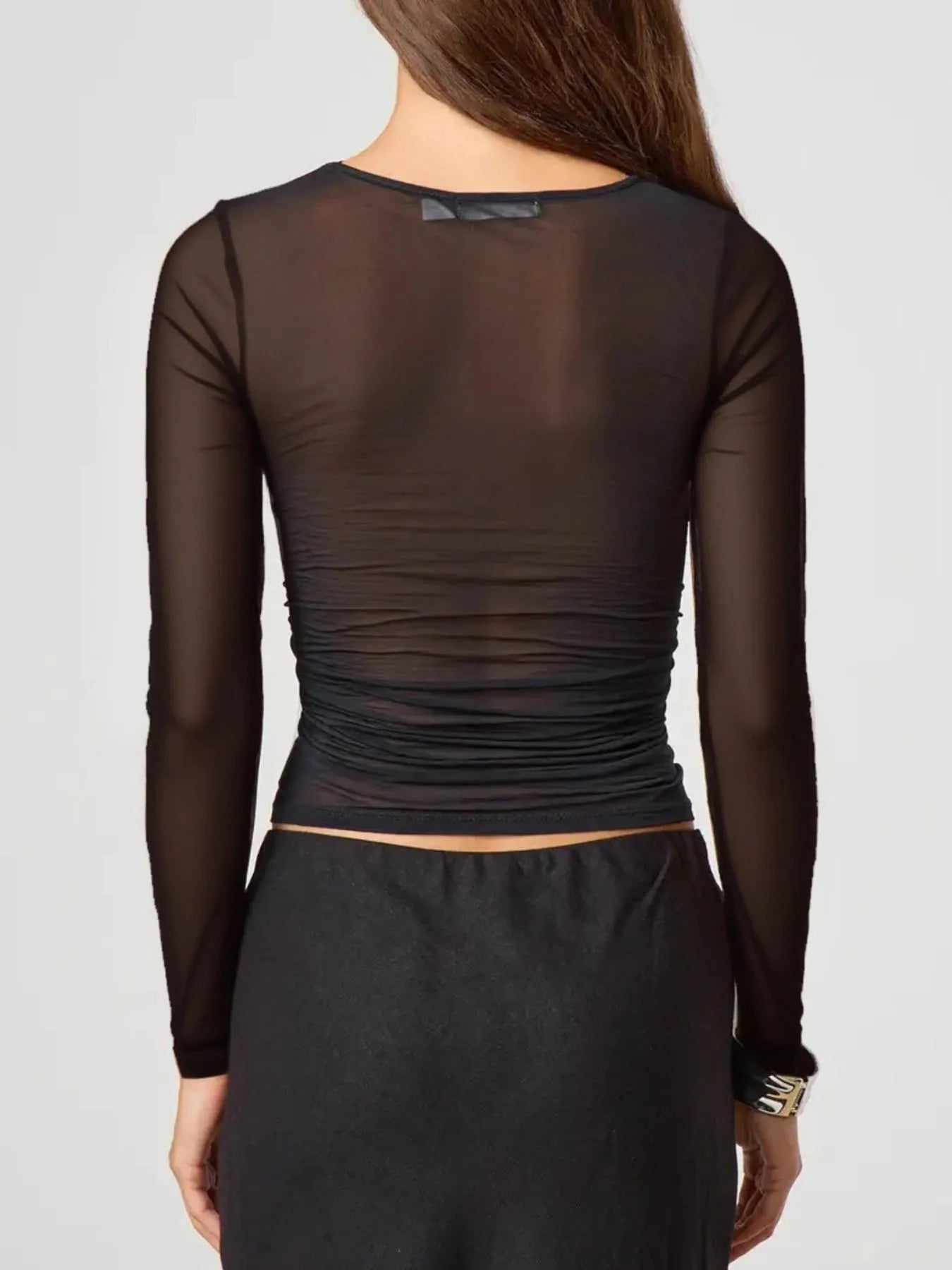 Trendsi black sheer Long Sleeve Layering Blouse back view ruched fitted top on model