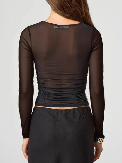 Trendsi black sheer Long Sleeve Layering Blouse back view ruched fitted top on model