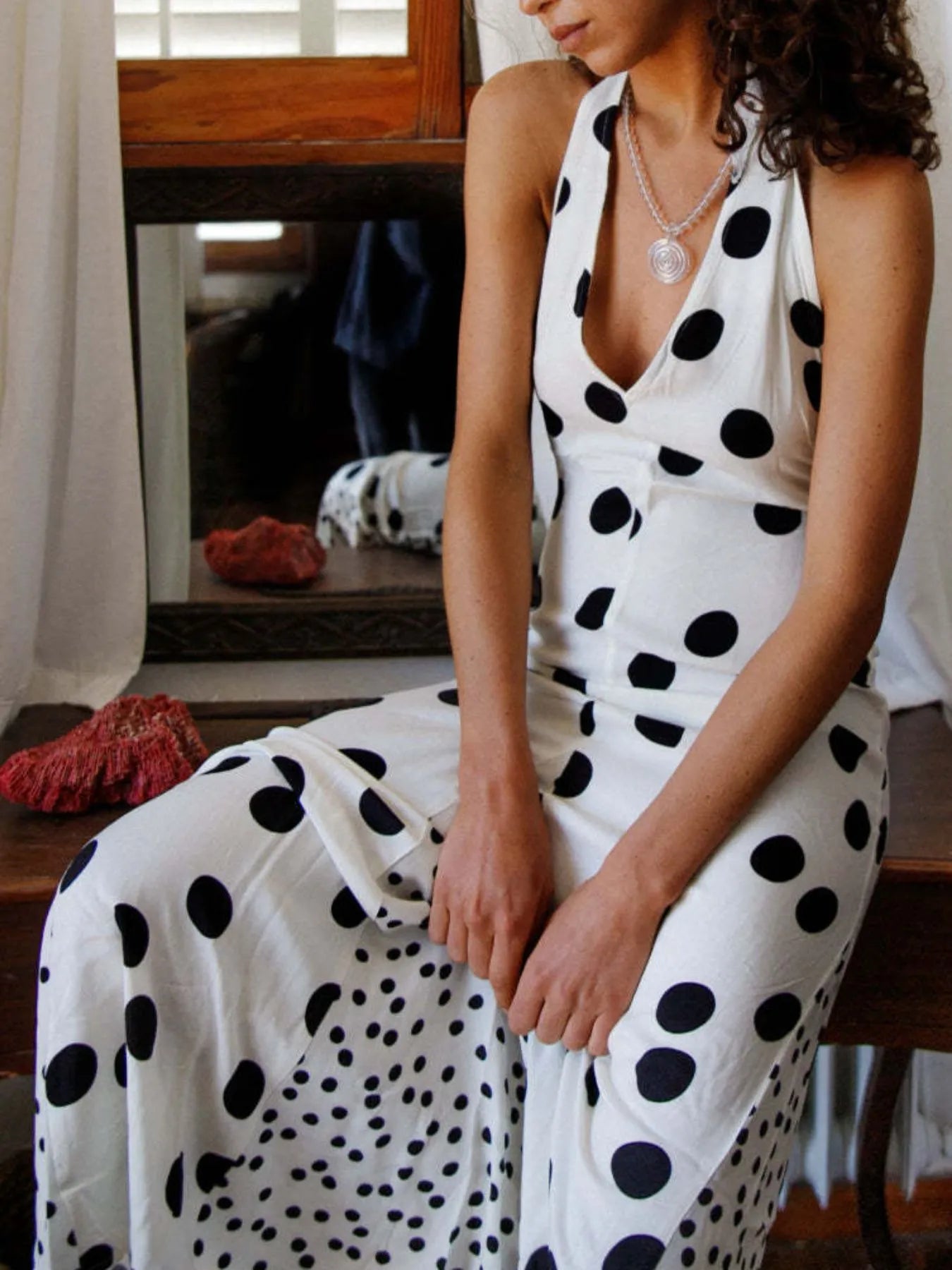 Trendsi Polka Dot Maxi Dress white with black polka dots halter V neck sleeveless flowing skirt
