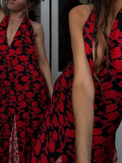 Trendsi Polka Dot Maxi Dress in red and black with halter V neckline and front slit worn by model