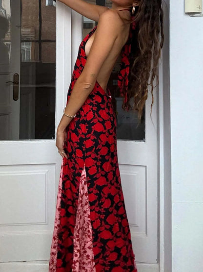 Trendsi Polka Dot Maxi Dress backless red and black sleeveless gown with side slit and low open back