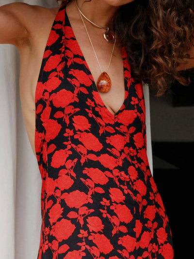 Trendsi Polka Dot Maxi Dress close up showing red floral print halter style with V neckline
