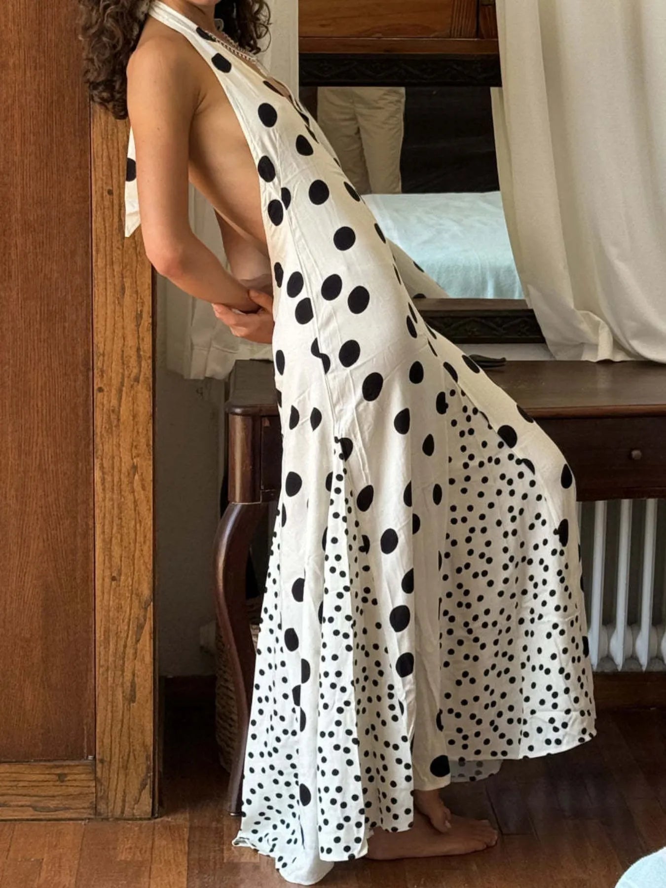 Polka Dot Maxi Dress Trendsi white halter open back with black polka dots flowing maxi skirt