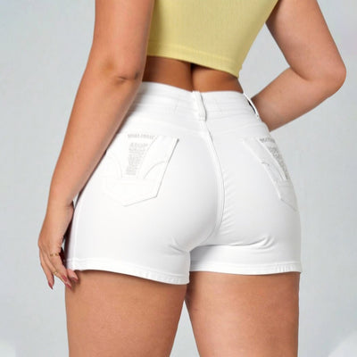 Trendsi model wearing white high waist denim shorts from back showing high rise fit and rear pockets