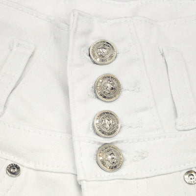 Trendsi white high waist denim shorts close up of button fly and stitched waistband with belt loops
