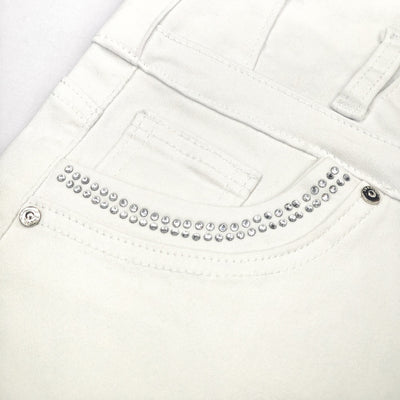 Trendsi white high waist denim shorts close up of white denim pocket with rhinestone stud detailing and belt loop